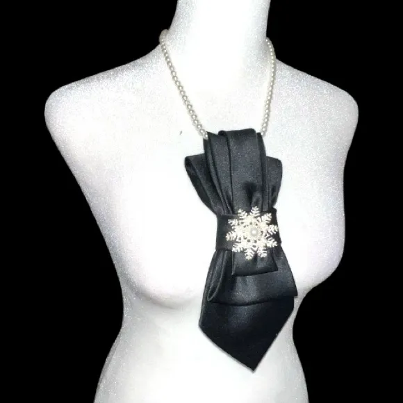 “Dainty Dapper”Elegant Black Satin necktie Necklace with snowflake brooch - Image 3