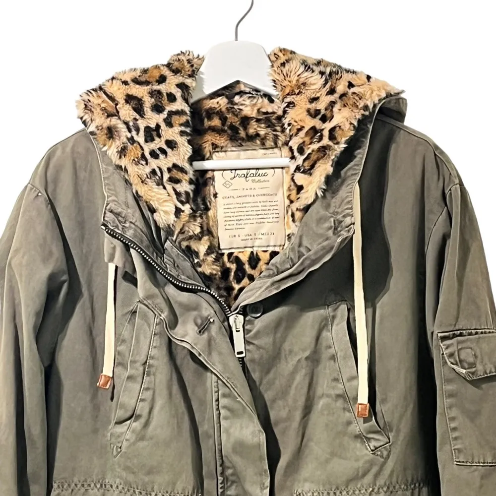 Zara Olive Green Faux Leopard Fur Removable Lining Hooded Winter Parka Coat S - Image 3