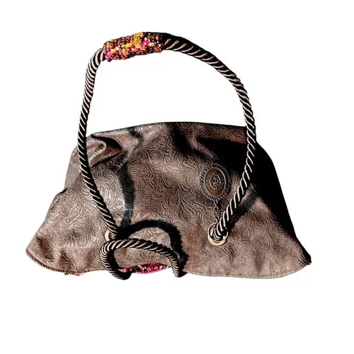Designer Embossed Hobo Bag Chocolate Brown Rope Handle Embellished Beaded Detail - Image 3