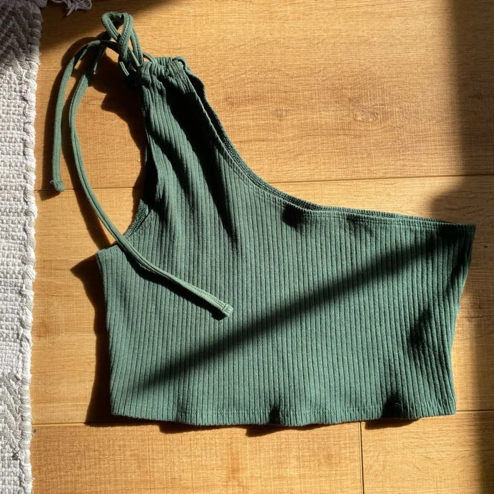 aerie size large one shoulder green crop top tie - Image 3