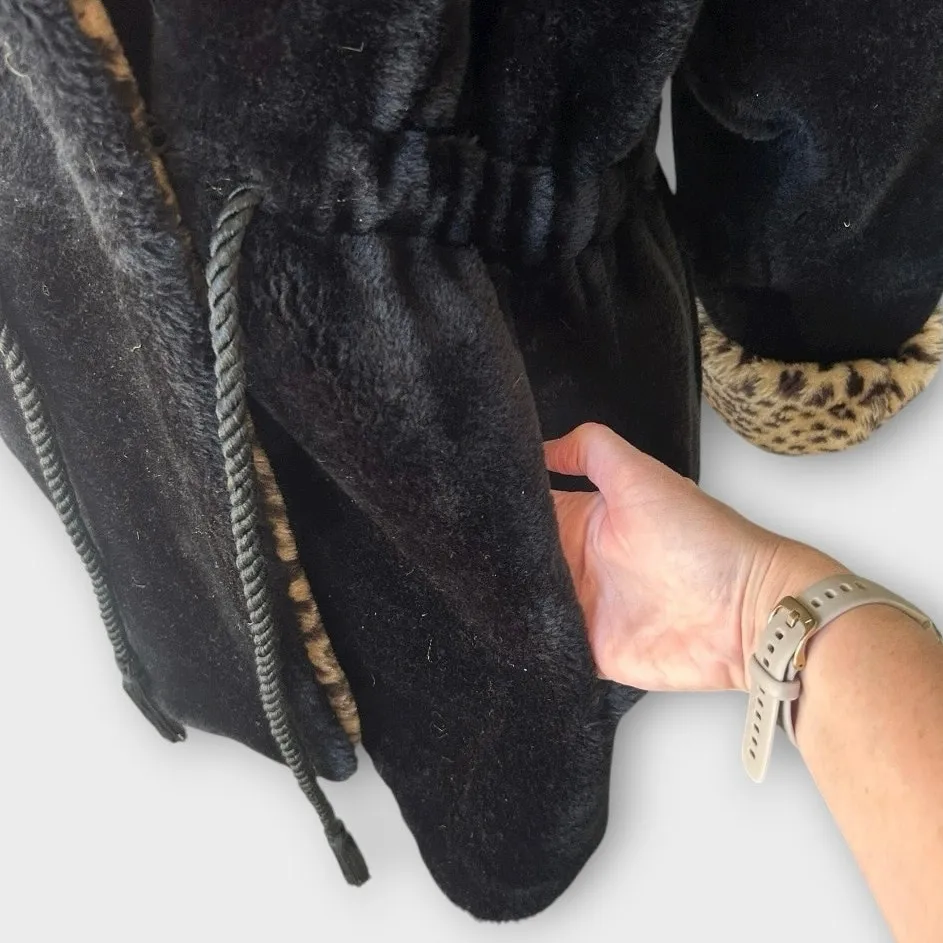 Vintage Monterey Fashions Faux Fur Coat Leopard Print Black Belted Women’s Large - Image 7
