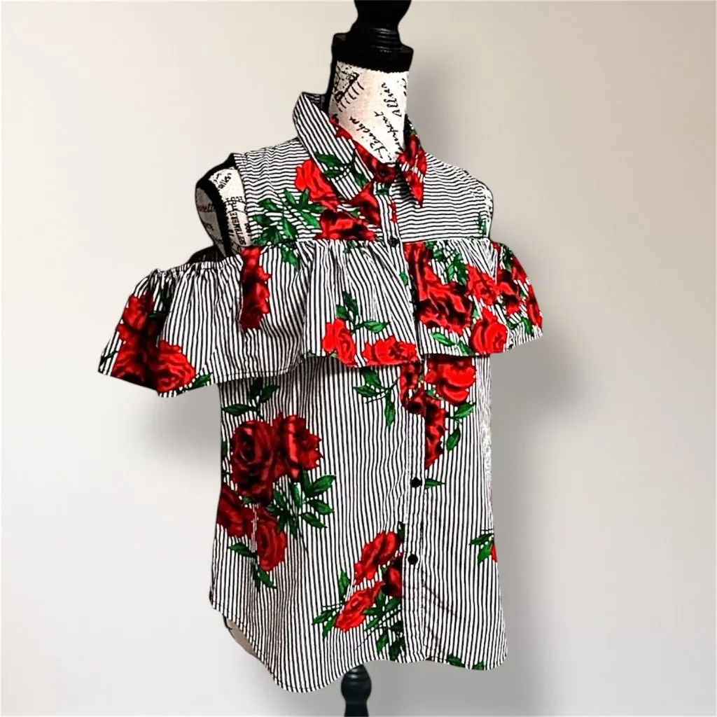 Blush XL Red Floral Stripe Cotton Cold Shoulder Ruffle Button Front Blouse Boho - Image 3