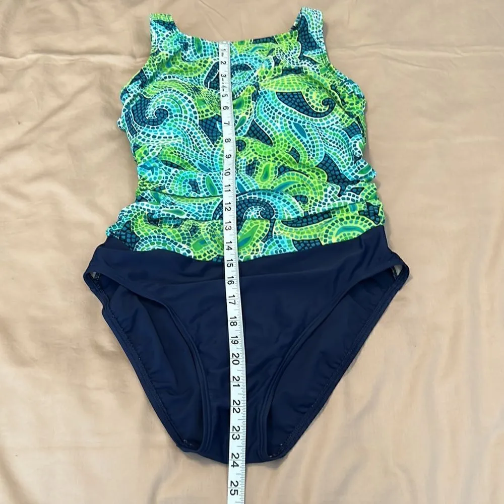 Christina size 12/34 one piece green and blue drapey front swimsuit GUC - Image 10