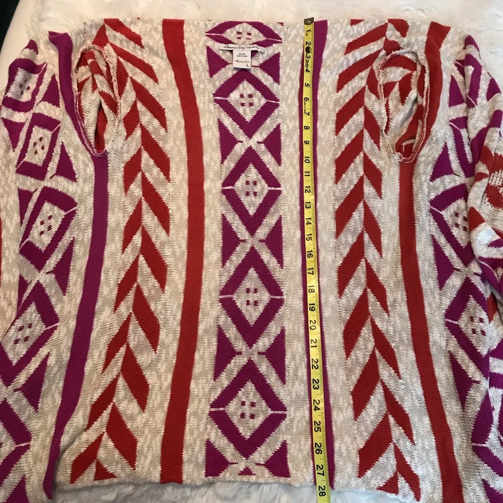American Rag Aztec pattern open front fringe cardigan sweater Large colorful - Image 7