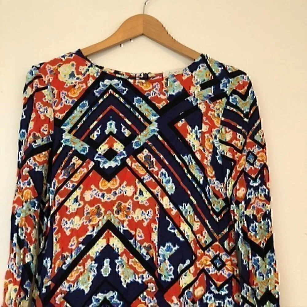 WAYF Red Blue Black Multi Floral Geometric Aztec Boho Long Sleeve Shift Dress XS - Image 3