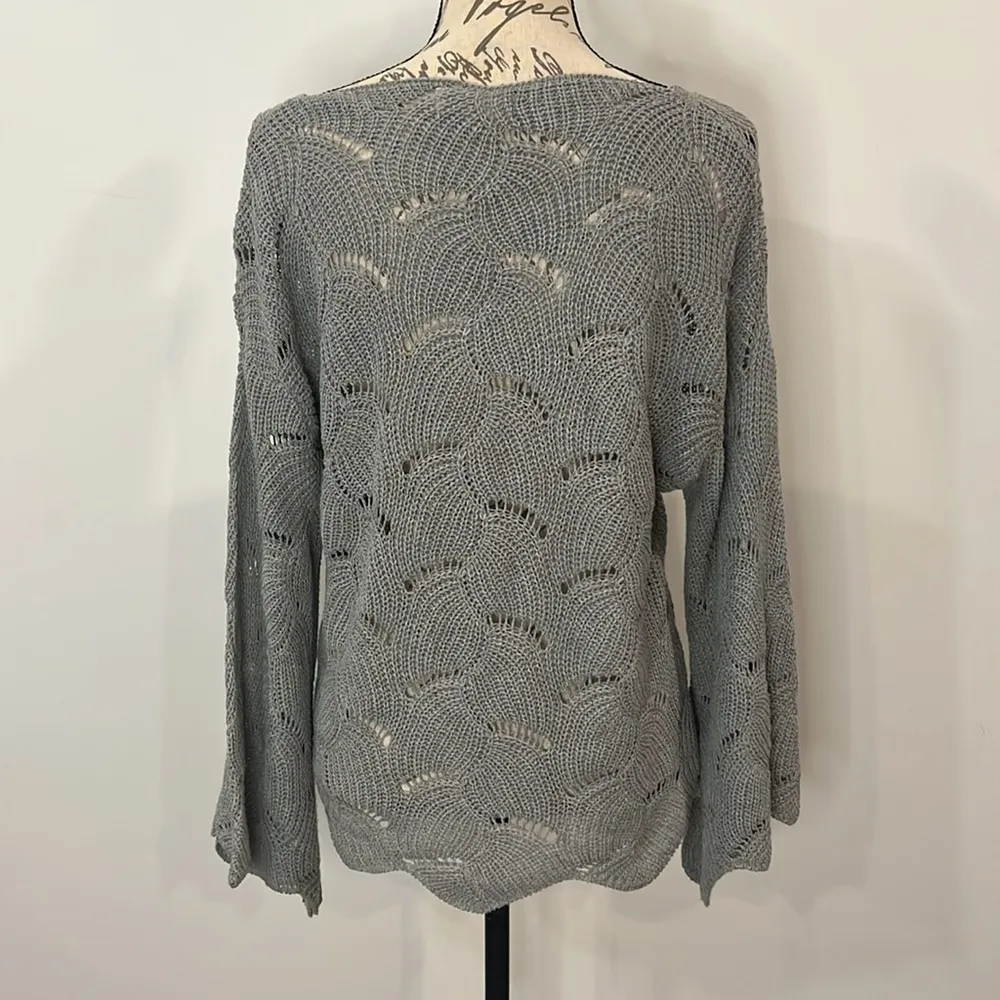 Entro open knit tie front bell sleeve scalloped edge lightweight sweater gray S - Image 3