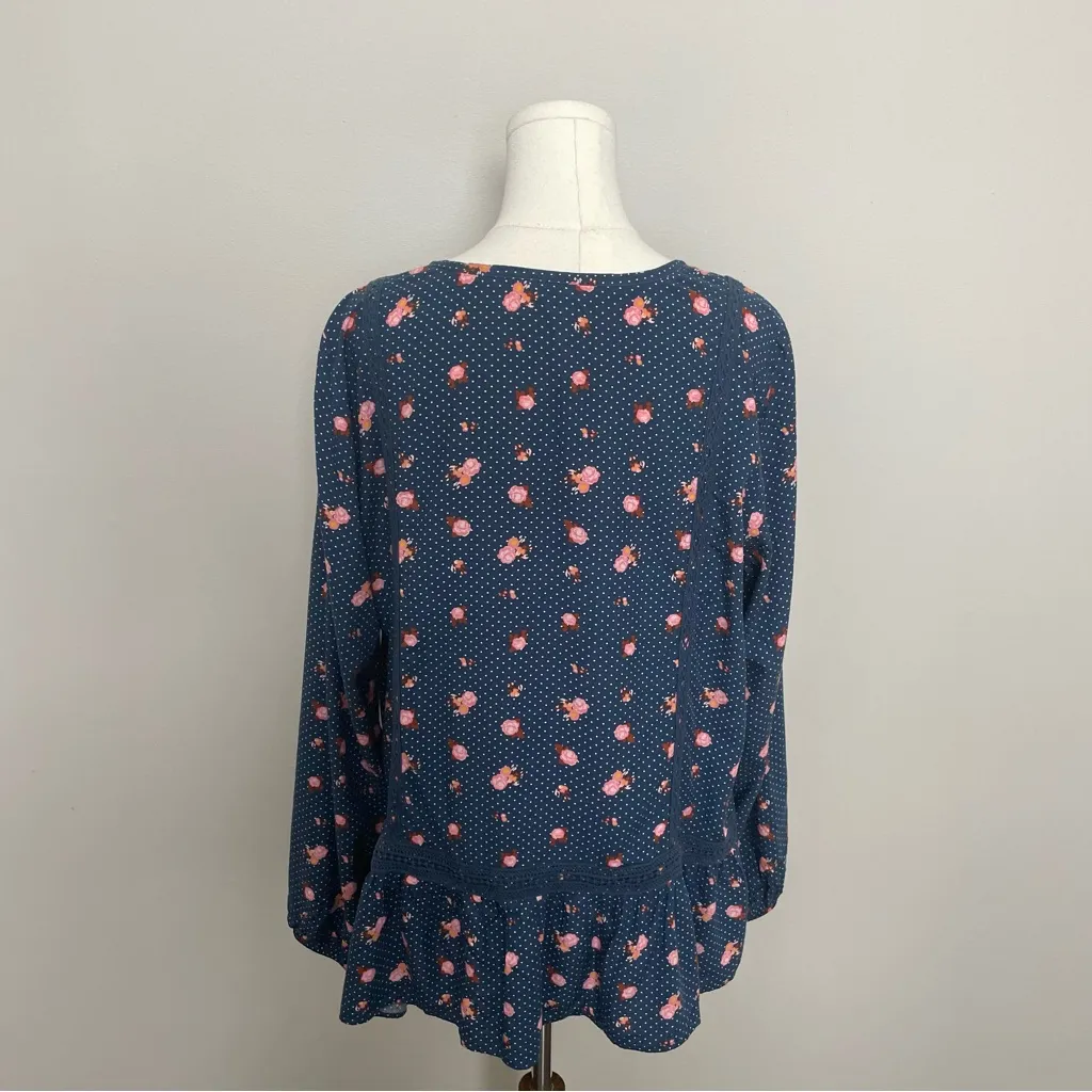 Matilda Jane Top Peplum Floral Polka Dot Ruffle Crocheted Trim Pleated Blue Pink - Image 11