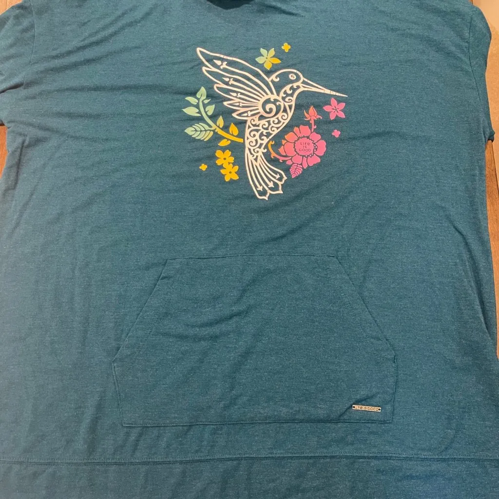 Life Is Good Pullover Hoodie Women's Size Large Rayon Blend Hummingbird Blue - Image 8