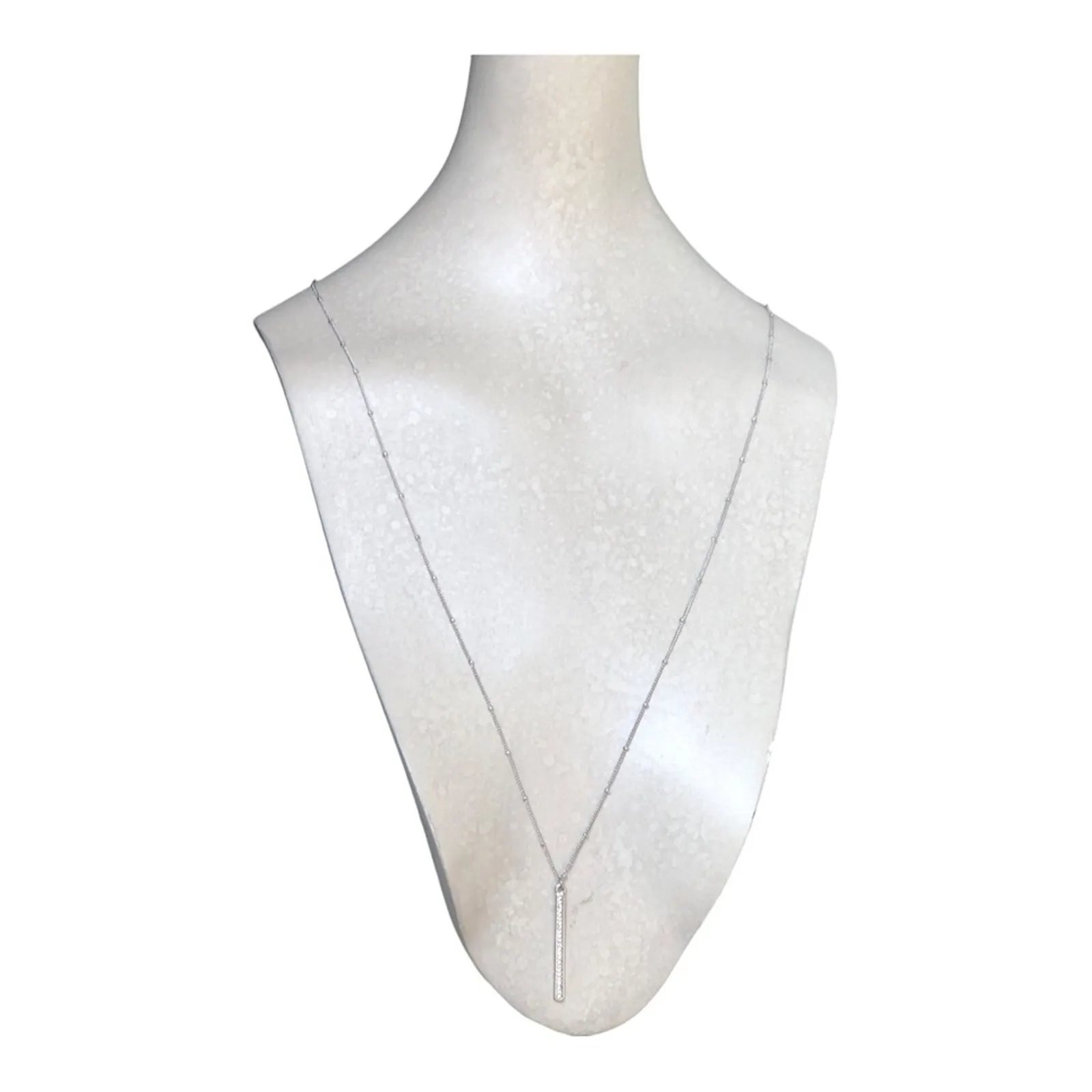 Classic Timeless Silver Plated Small Beads Cubic Zirconia Bar Pendant Necklace - Image 2