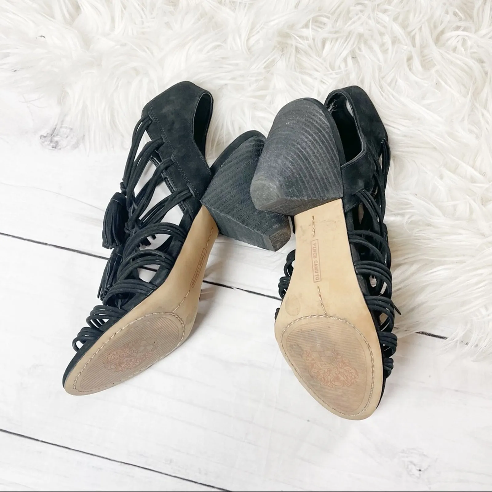 Vince Camuto Edola Heeled Gladiator Peep Toe Sandals in Black‎ Suede Size 8.5 - Image 4