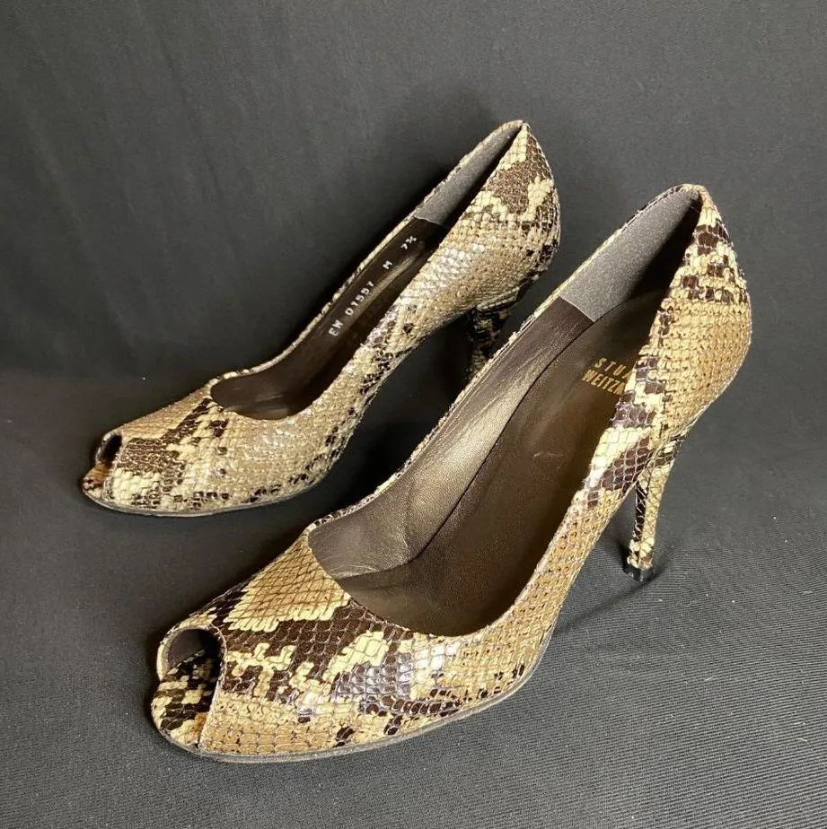 Snakeskin Reptile Print Stuart Weitzman Peep Toe Pumps Size 7.5 - Image 2