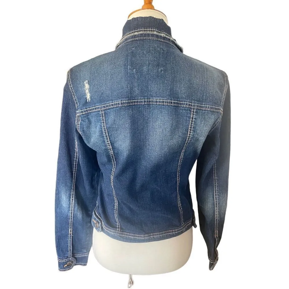 Rue 21 Distressed Medium Wash Denim Jacket Size Large (Junior) - Image 3
