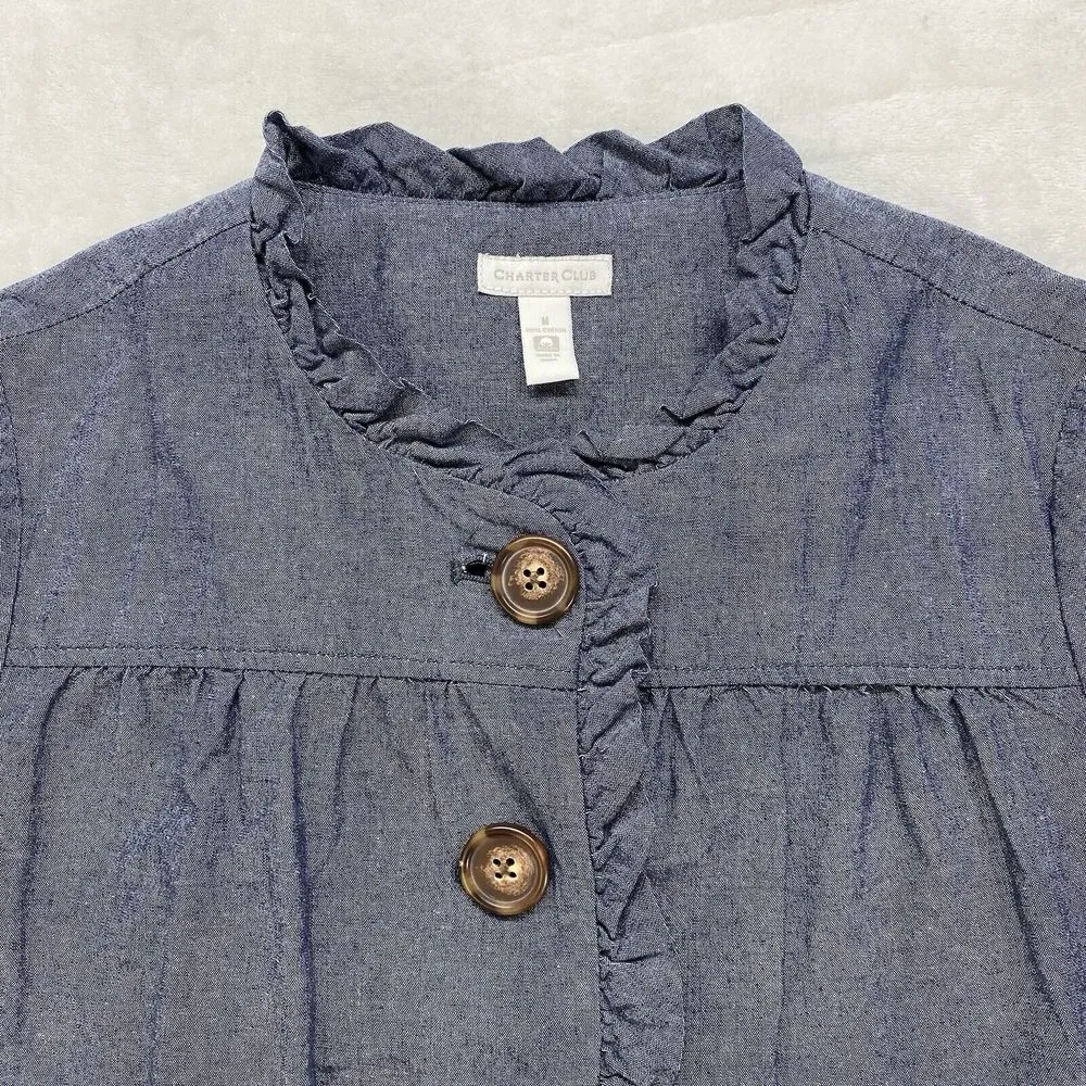 Charter‎ Club Jacket Womens M Cotton Blue Button Front Ruffle trim - Image 3