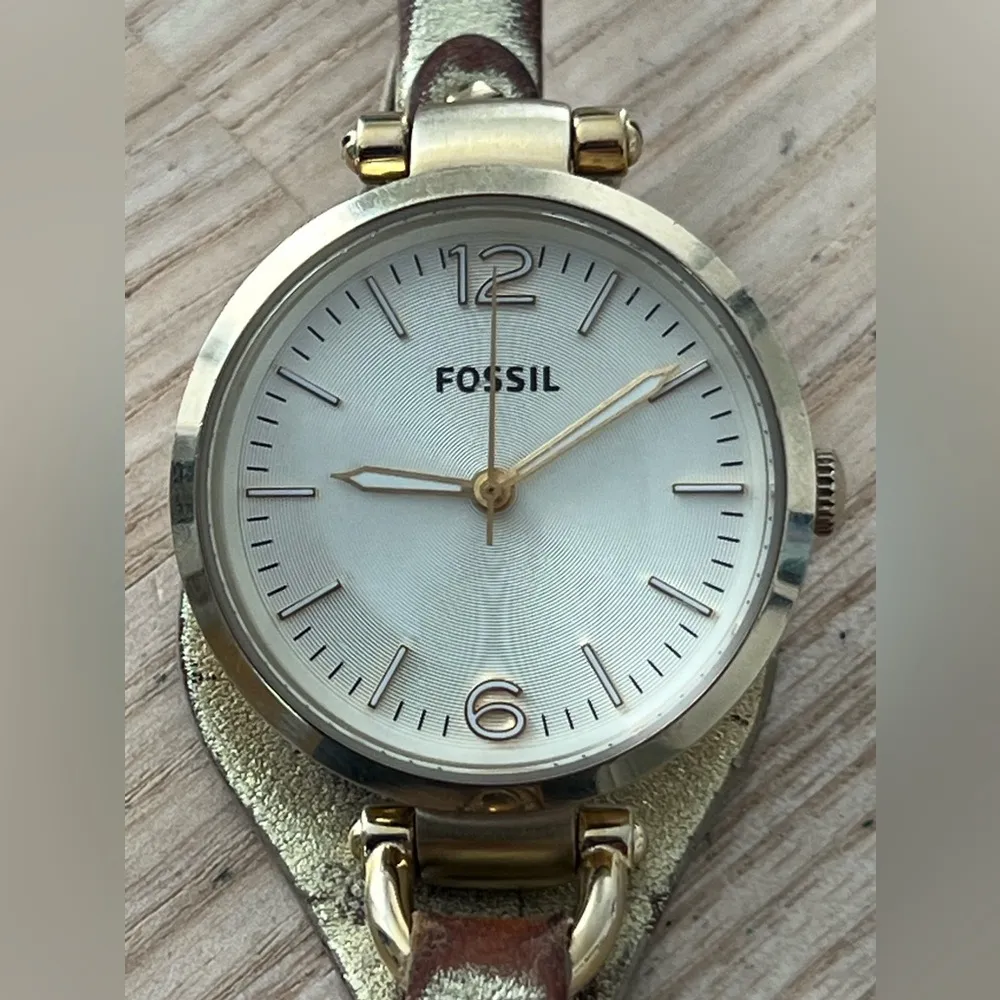 Fossil Georgia Ladies Watch Genuine Leather Strap Gold Dial Case New Battery - Image 2
