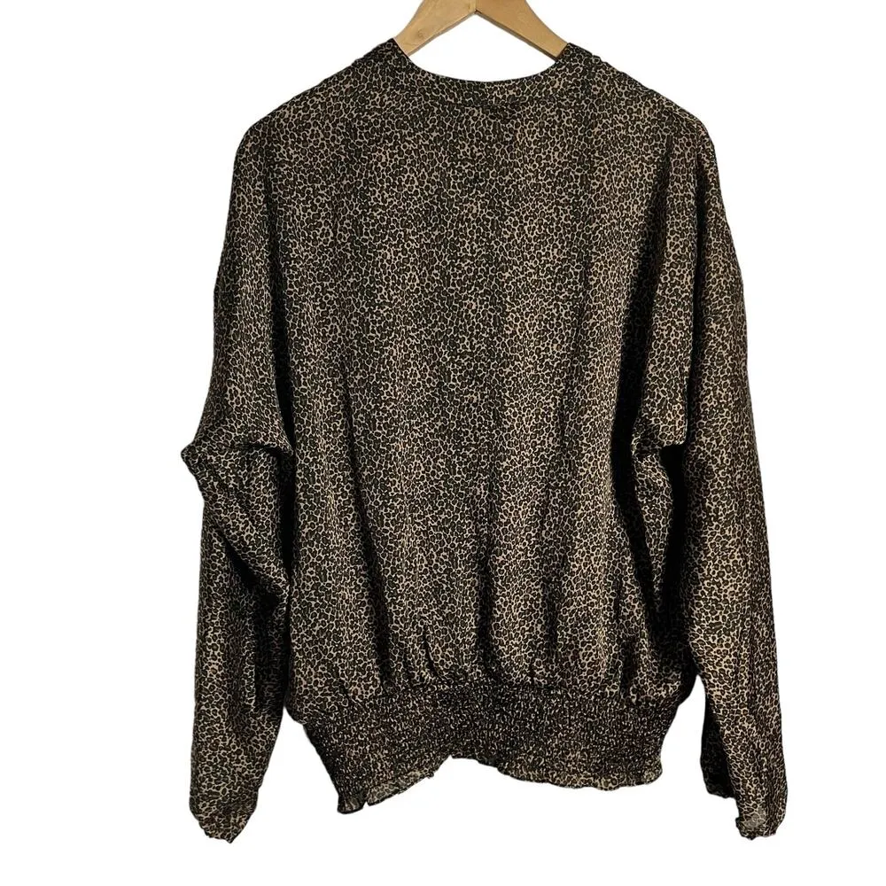 Michael Kors Leopard Animal Print Tie Neck V-Neck Smocked Blouse Size Large - Image 4