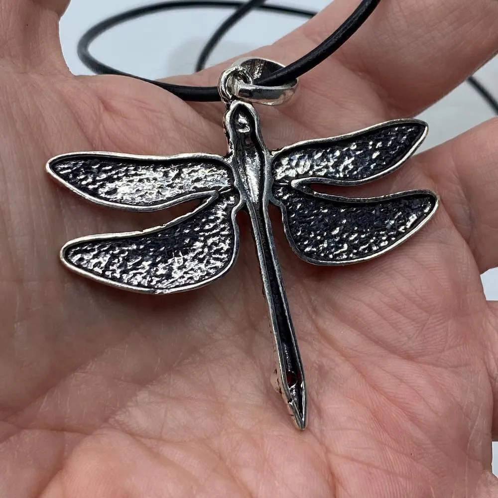 Dragonfly & Garnet Boho Silver Necklace On Leather Cord Silver - Image 5