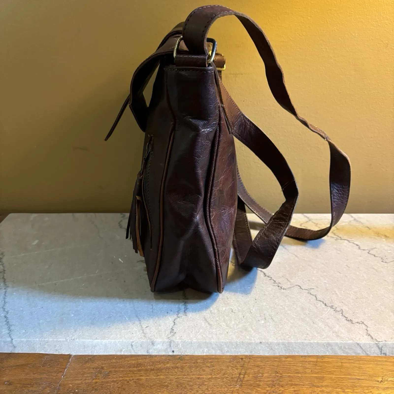 Hand Tooled Brown Leather Small Messenger Crossbody Bag Fringe boho Y2K Vintage - Image 4