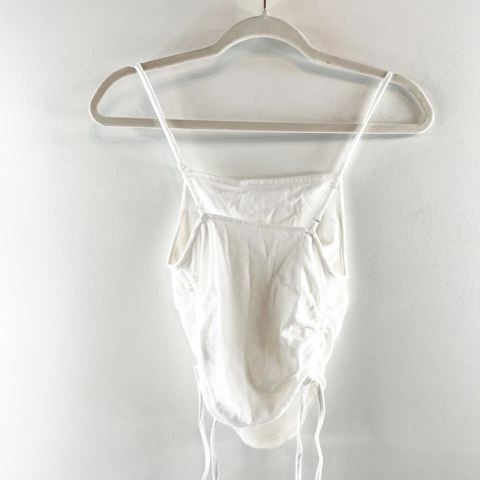 Aerie Square Neck Ribbed Side Ruched Tie Cropped Tank Top Cami White XS - Image 4