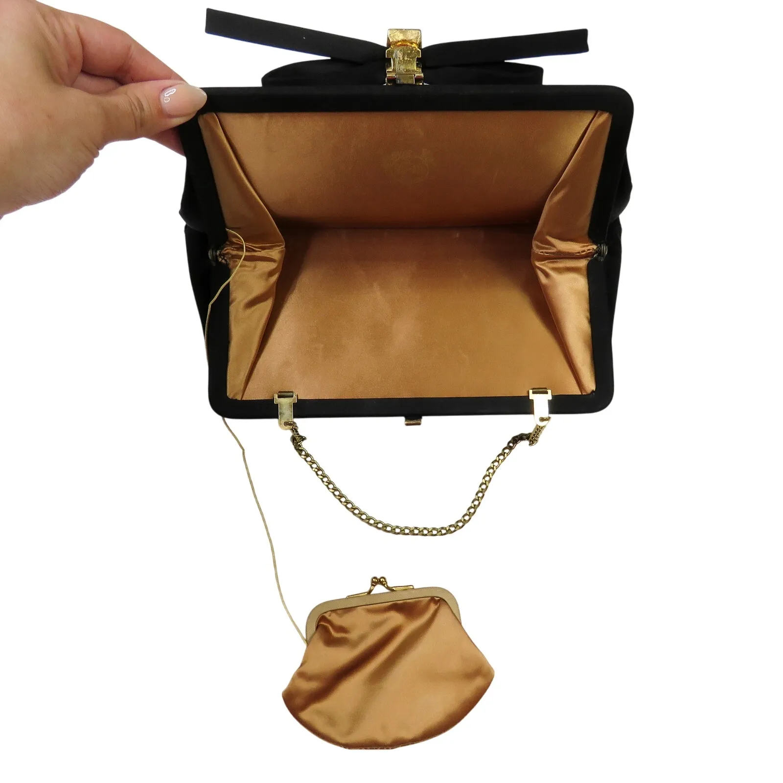 1950s Vintage After Five Black Clutch Bag Evening Bag With Bow Chain Strap - Image 5