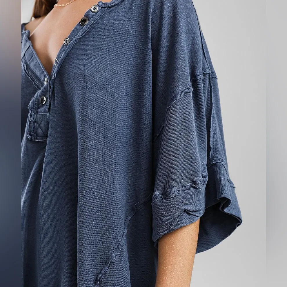 Free People We The Free Blue Heritage Henley T-Shirt Linen Blend Size Large - Image 5