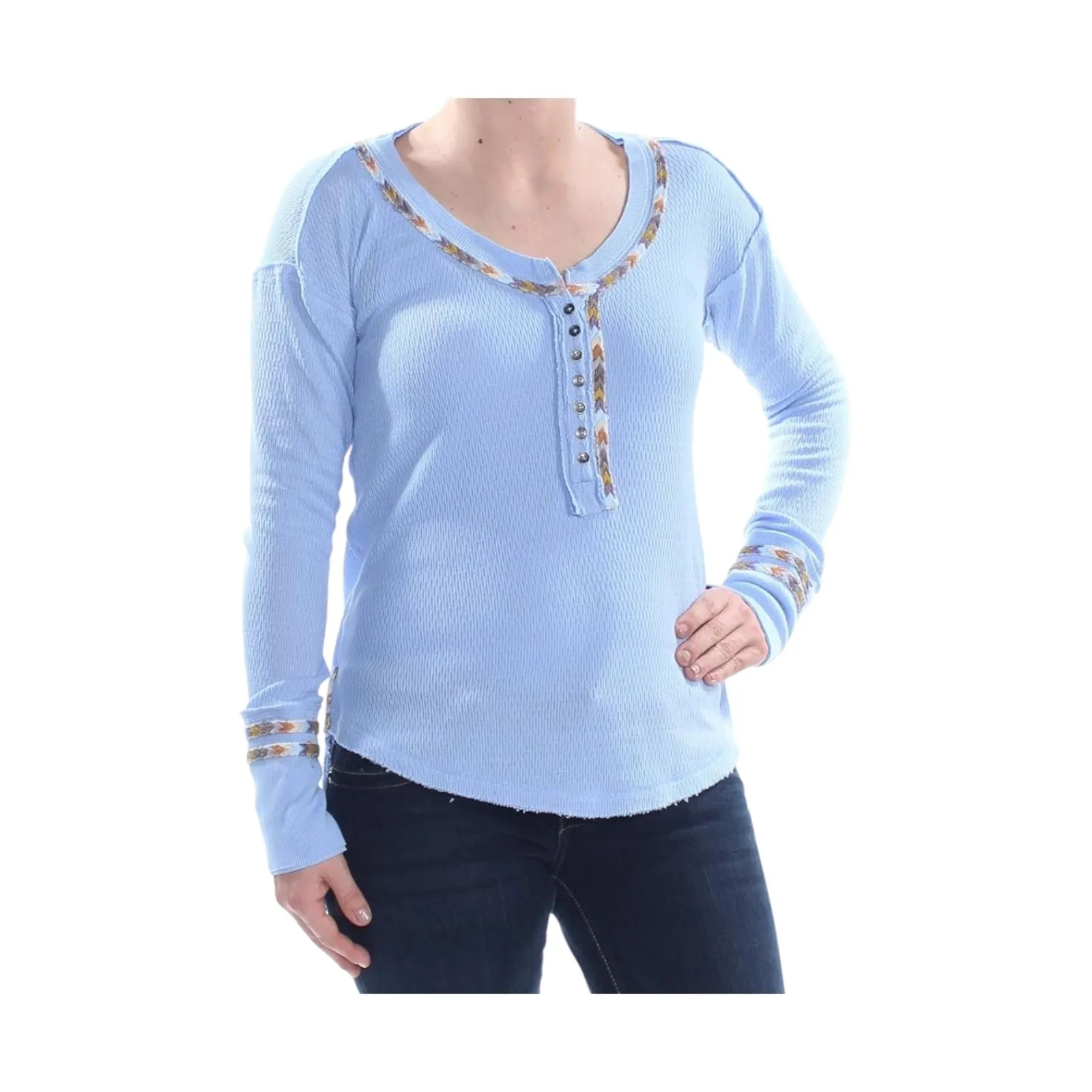 Free People We the Free Rainbow Thermal Henley Long Sleeve Blue Size XS - Image 6