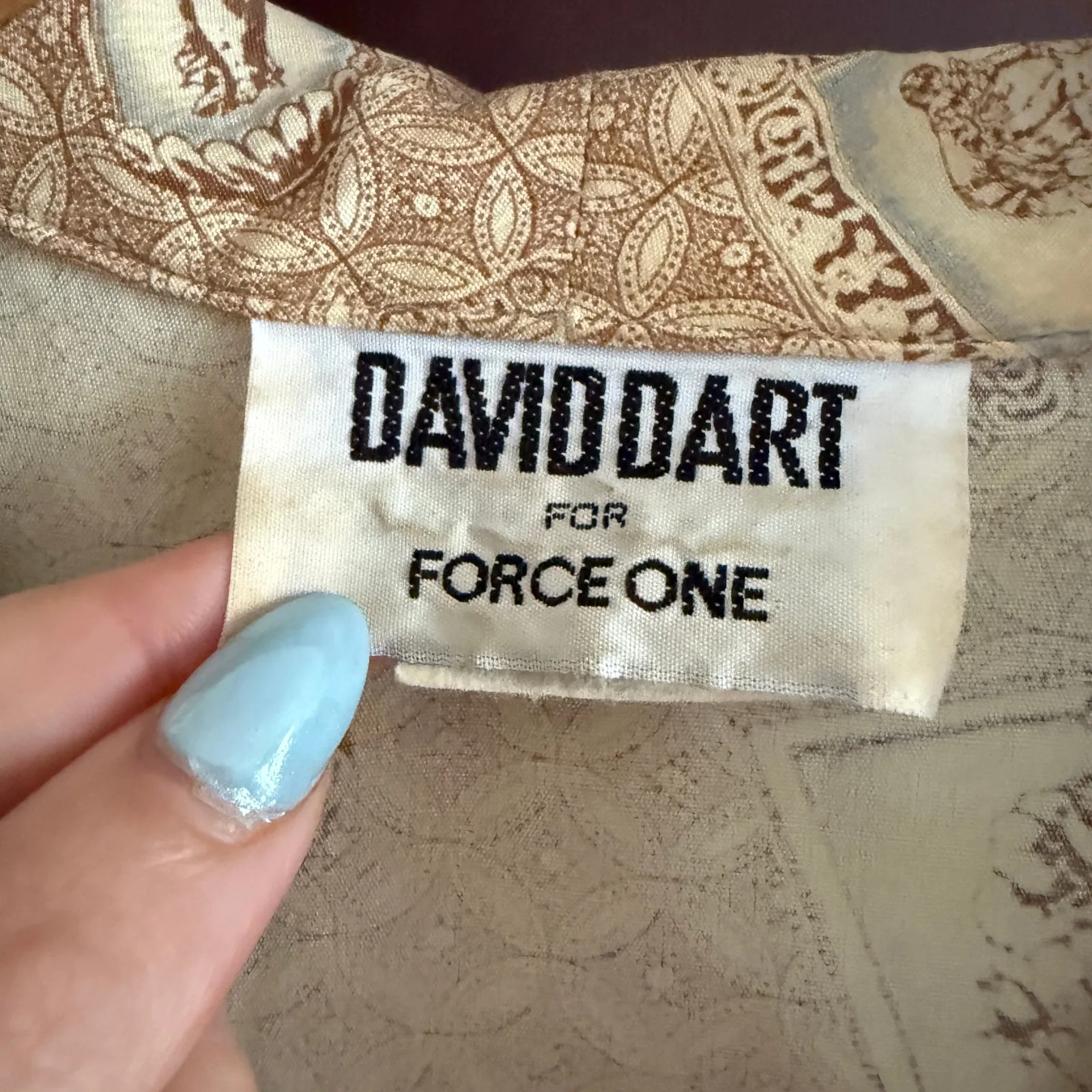 90s Vintage David Dart Force One Cream tan Portrait Print Babydoll Dress Medium - Image 3