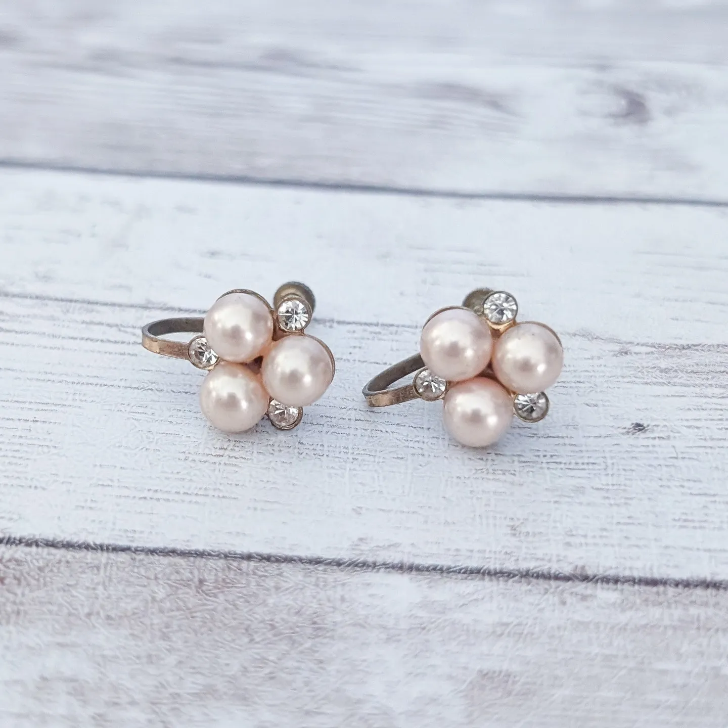 Vintage Screw Back Earrings Dainty Faux Pearl & Clear Gem Trio 0.5" - Image 2