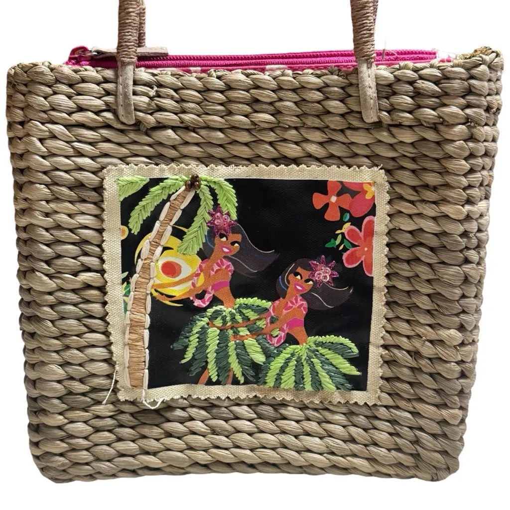 Y2K Xhilaration Tropical Woven Straw Tote Bag Hula Dancers Travel Resort - Image 3