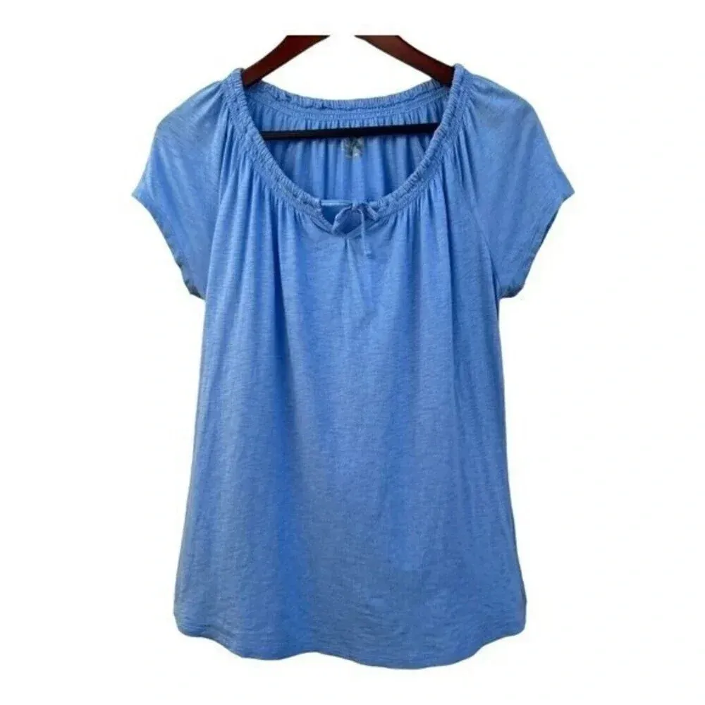 LL Bean Women's Size‎ Small Tee Short Sleeves Split Neck with Drawstring Blue​​​ - Image 6
