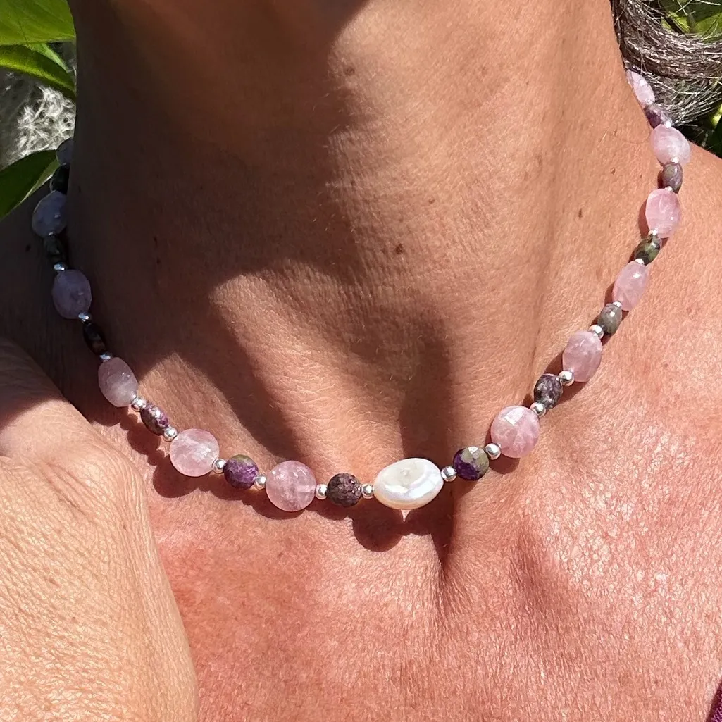 Rose Quartz Atlantisite Coin & freshwater pearl Set in .925 Sterling Silver S14 Pink - Image 6