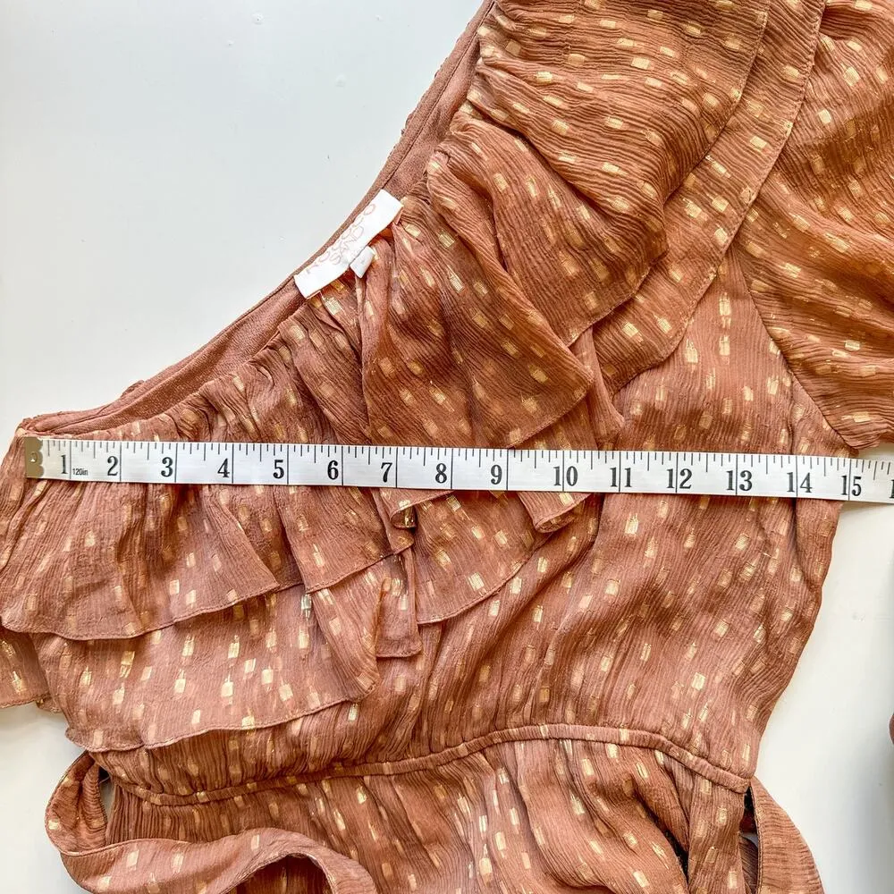 Rococo Sand Aine One Shoulder Mini Chiffon Ruffle Dress Tan Gold Small - Image 10
