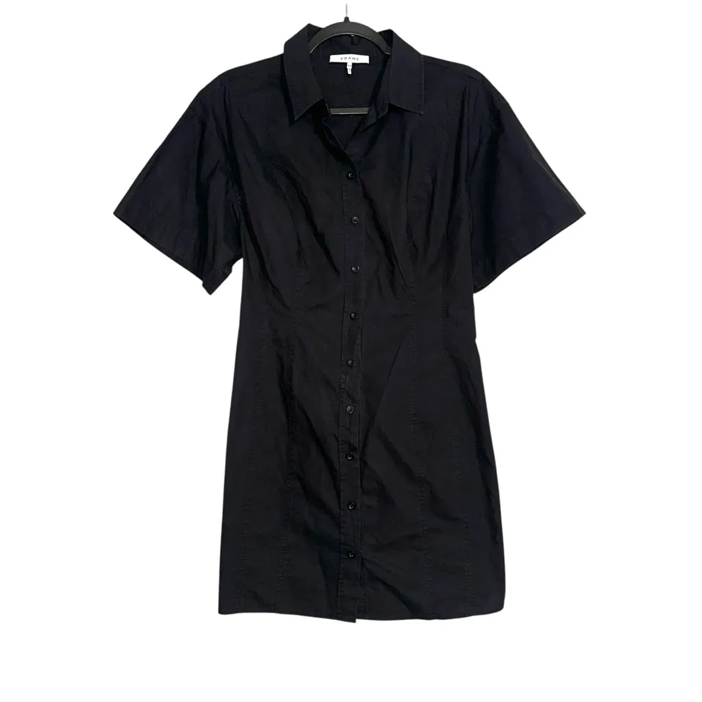 Frame Organic Cotton Smocked Back Black Short Sleeve Mini Shirt Dress MEDIUM - Image 3