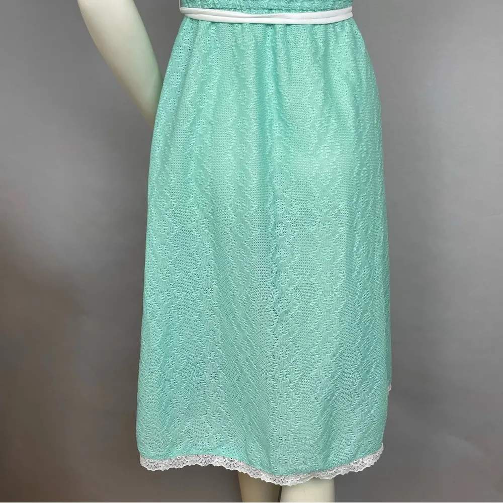 Vintage Dress Sheer 70s 80s Light Green Teal Lace Knit White Trim Sleeveless 7/8 - Image 8