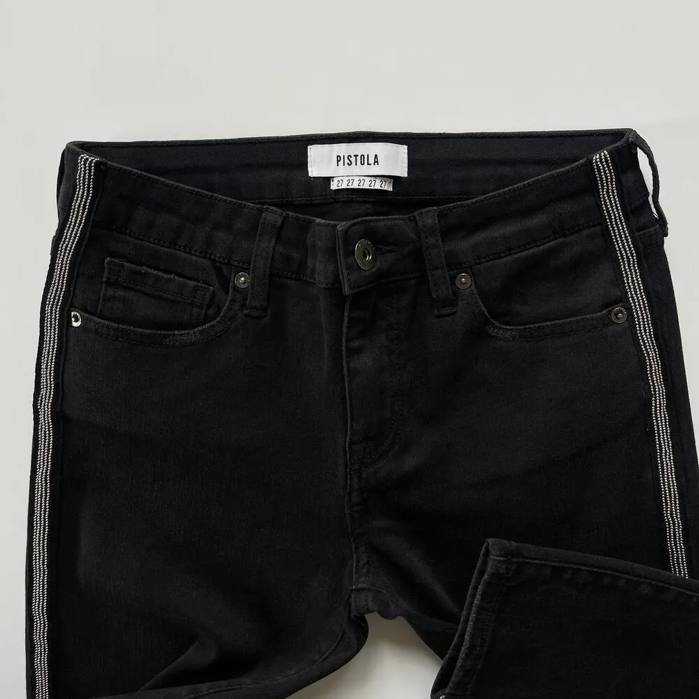 Pistola Mid Rise Skinny Jean Jet Black Metal Detailing Tuxedo Stripe Size 27 - Image 3