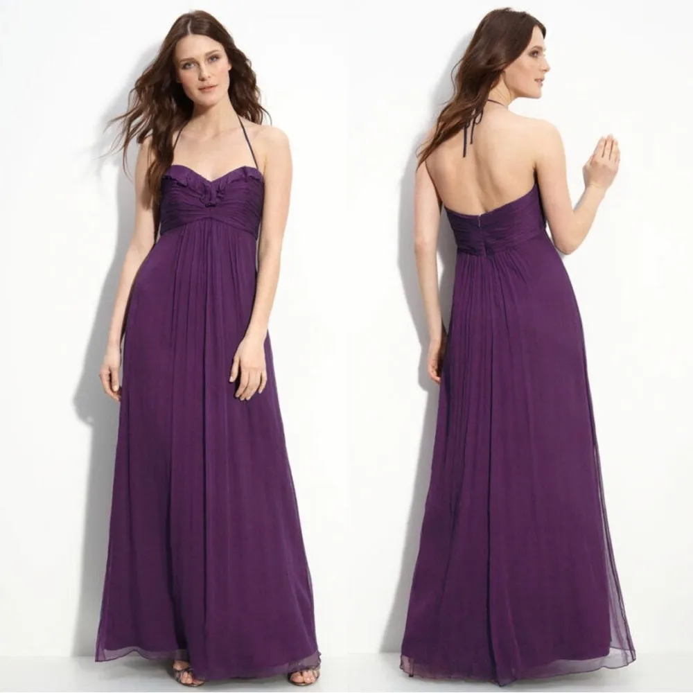 Amsale • plum silk chiffon dress bridesmaid crinkle halter purple formal G425C Size 4 - Image 13