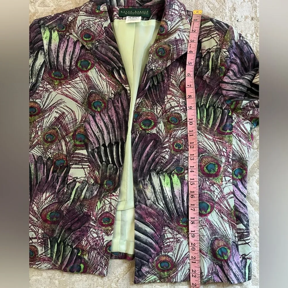 Harvé Benard vintage Peacock Feather Print Blazer Jacket Retro Boho Fall Style Purple Size 12 - Image 9
