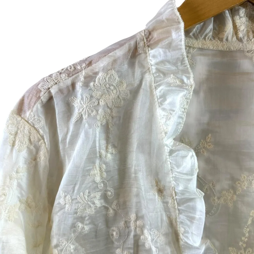 Romantic Embroidered Ivory Sheer Ruffle Tie Jacket Topper 3X White - Image 3