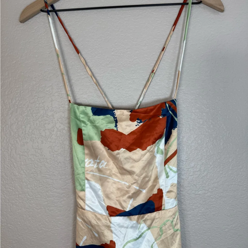 Emrata Inamorata Varick Slip Mini Dress size XS Tan Navy Green Multi - Image 5