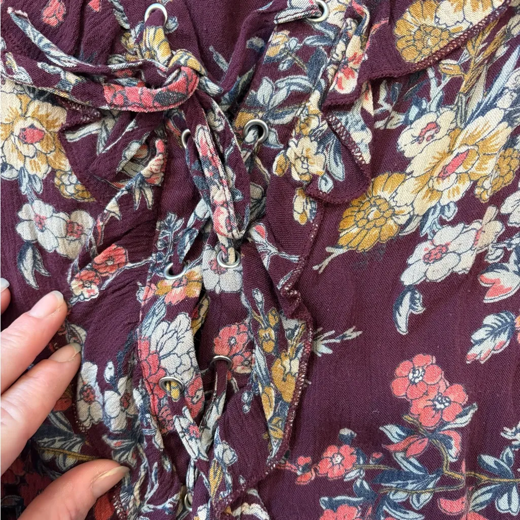American Eagle Outfitters Floral Lace-Up Ruffle Blouse | Boho Bell Sleeve | XS - Image 2