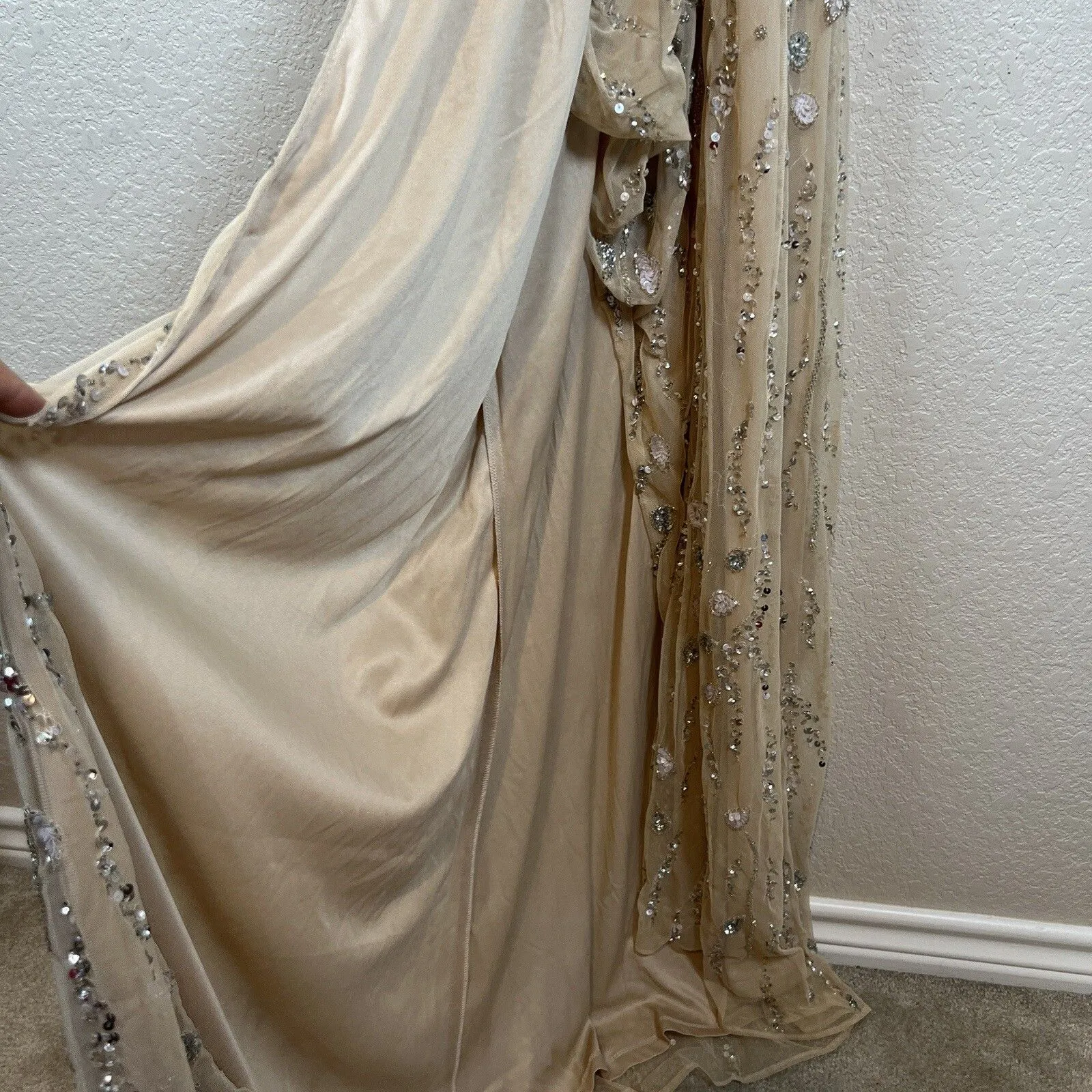 Mac Duggal Gown 14 Embellished Sequin One Shoulder Draped Nude Floral Prom - Image 8