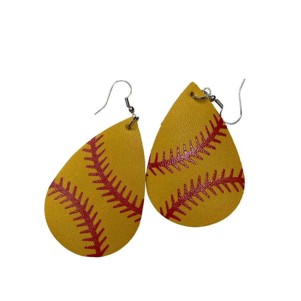 Faux Leather Softball American Union Jack Earrings Red - Image 3