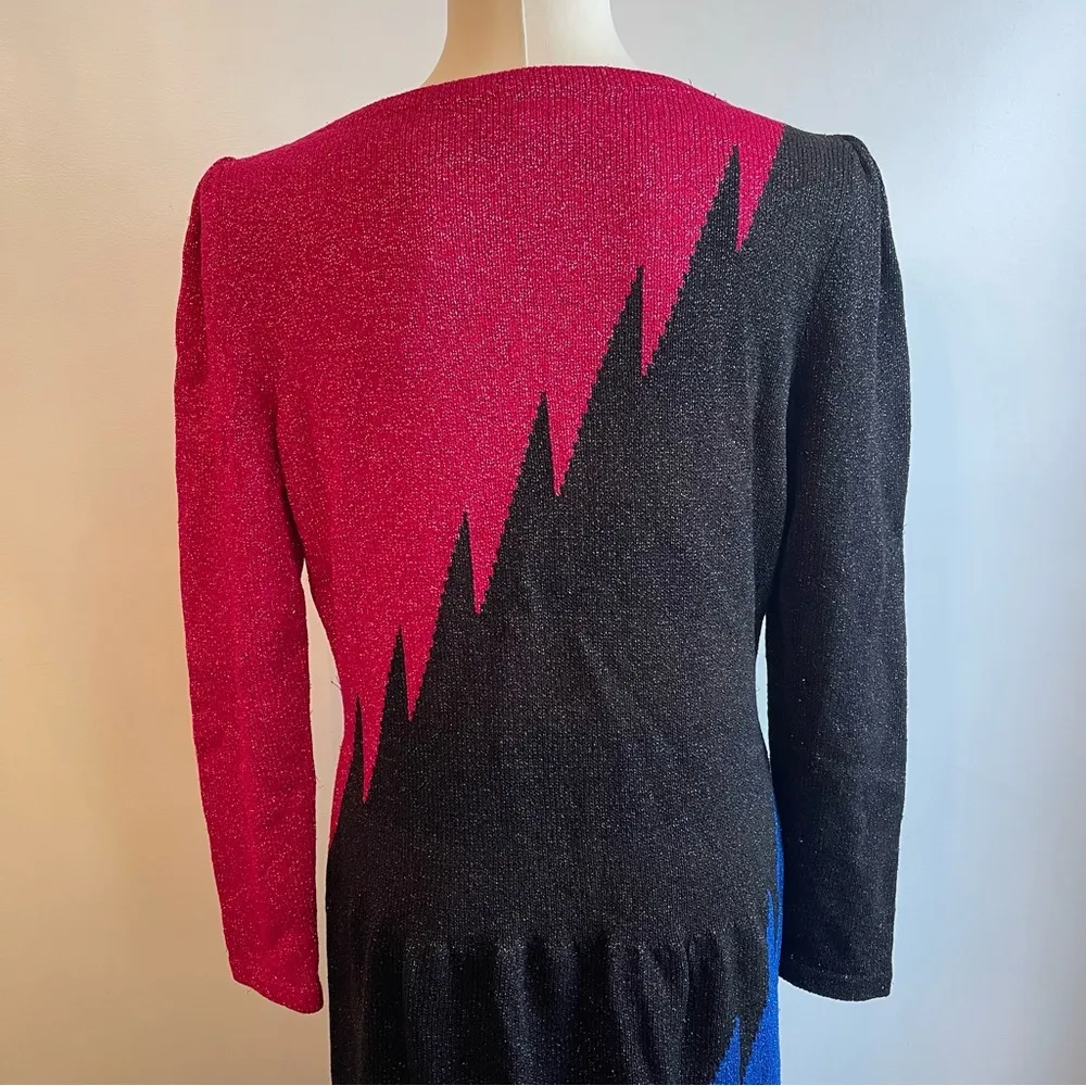 Vintage 1980s Raul Blanco Designer Metallic Knit Color Block Dress Large Black - Image 7