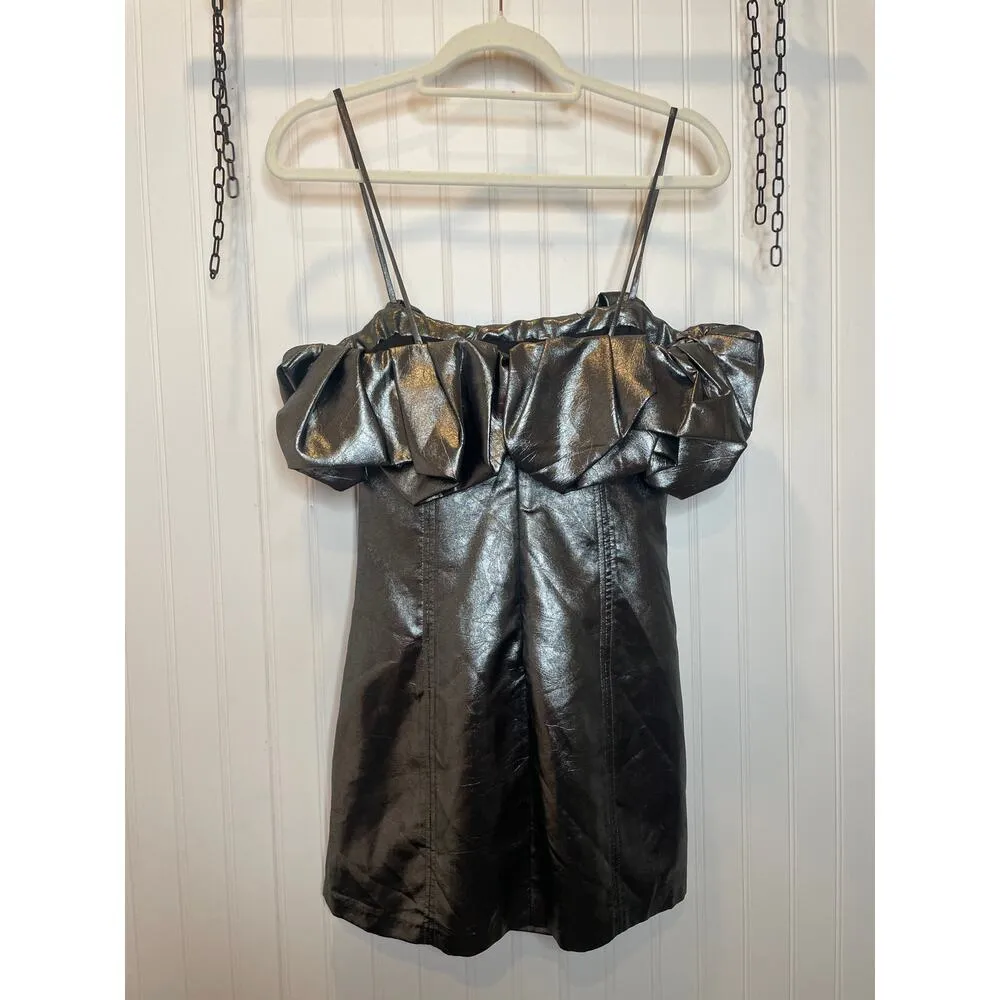 NWOT Zara Silver Metallic Short Full Dress Off Shoulder Ruffled Mini Size S - Image 5