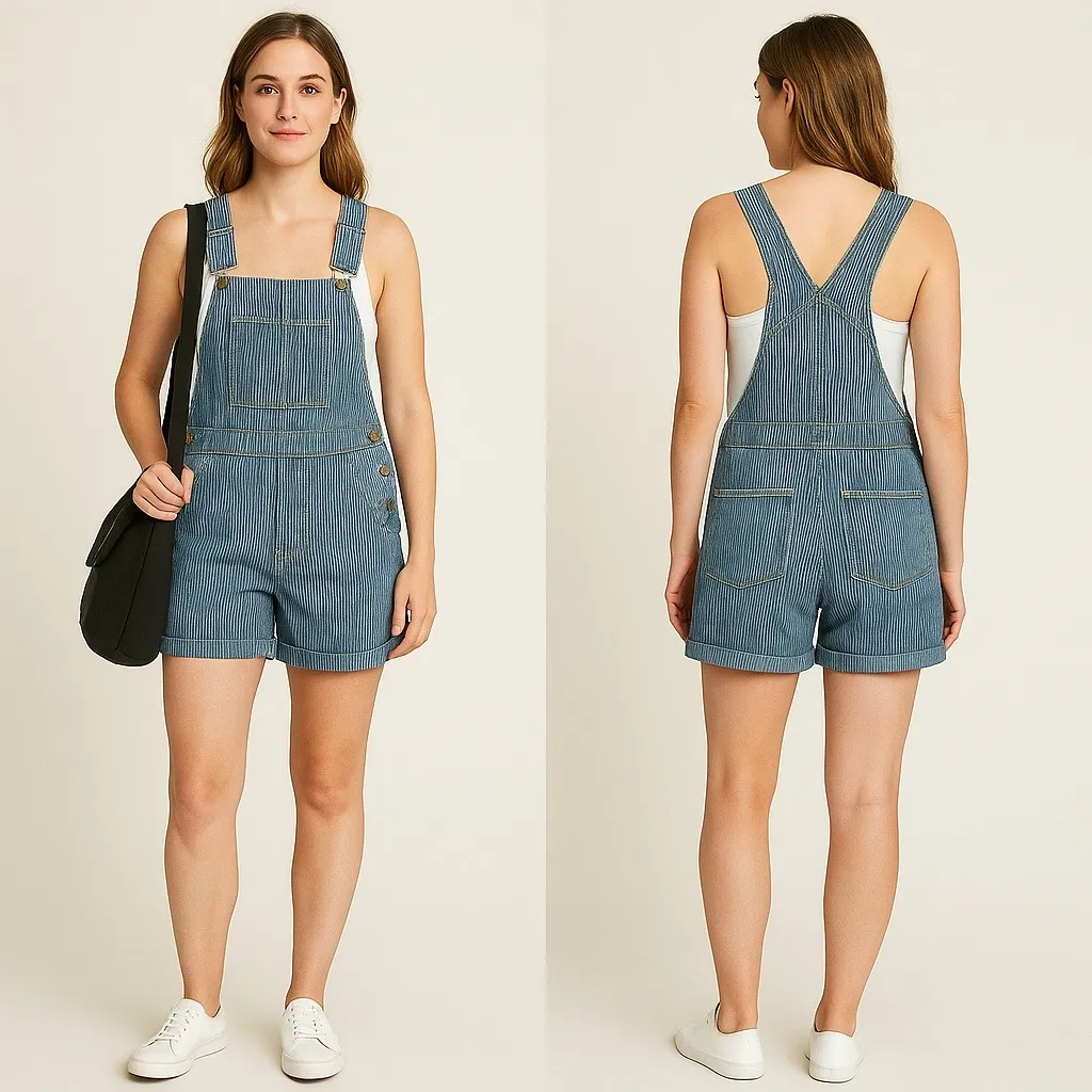 Target Universal Thread Denim Overalls Romper‎ Striped Blue White Cotton Blend Size 10 - Image 2