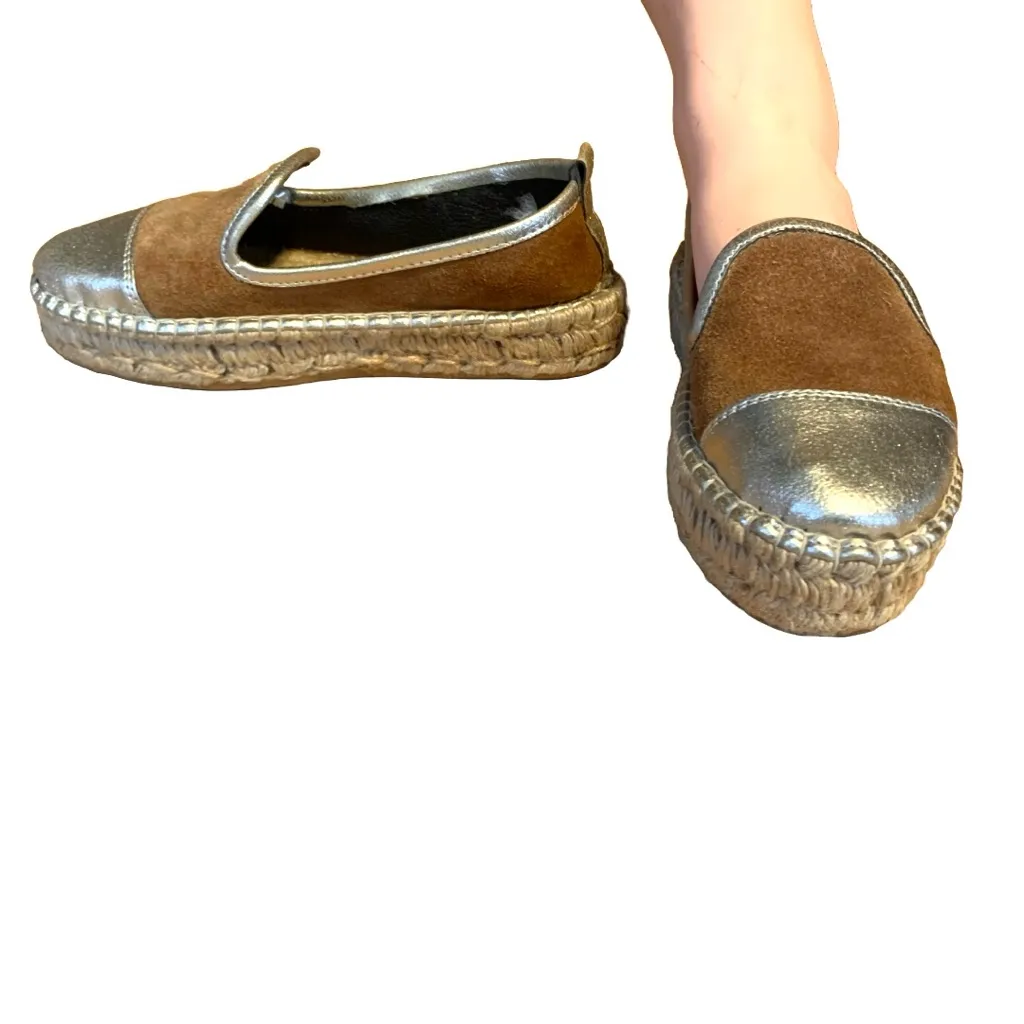 PRUNE COGNAC SUEDE & GOLD LEATHER ESPADRILLE PLATFORM SLIP ON SHOES (6) Brown - Image 5