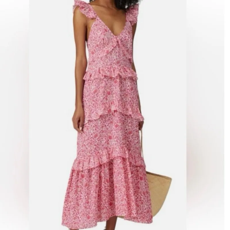 Misa Los Angeles Size M Morrison Dress Pink Animal Floral Tiered Ruffled USA - Image 2