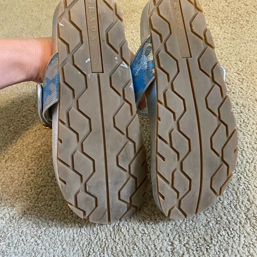 Authentic Prada Brocade leather thong sandals metallic silver blue gold - Image 5