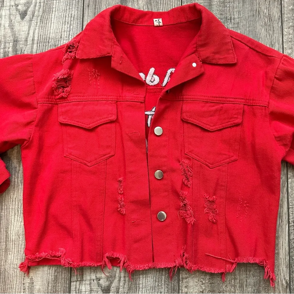 Vintage Y2K red distressed denim jacket - Image 3