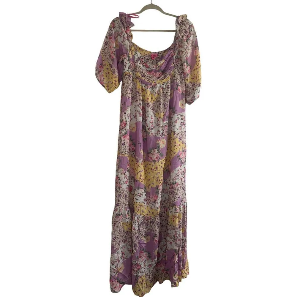 ✨Betsey Johnson Spring Maxi Sz Small Dress Smocked Lavender Floral Patchwork✨ - Image 5