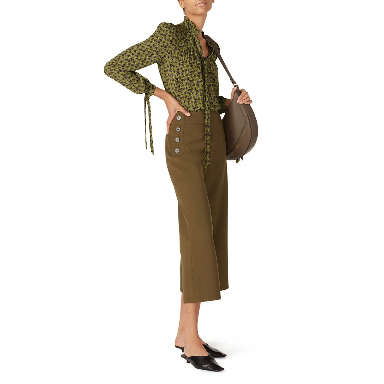 LOVE, WHITE BY WHITNEY PORT GREEN FLORAL RUFFLED HIGH V‎ NECK BLOUSE EUC SIZE 6 - Image 2